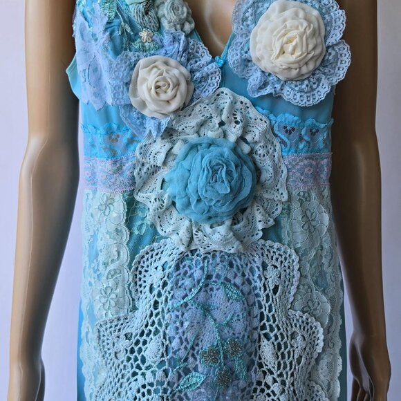 Ocean Blue Handmade Dress Vintage Embroideries,, Crochet and Romantic - Large - Picture 5 of 8